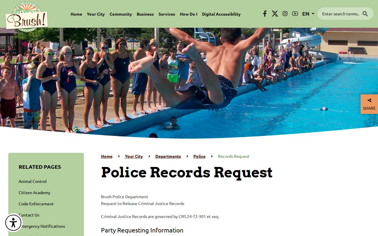 Brush Police Department arrest records request form in Morgan County