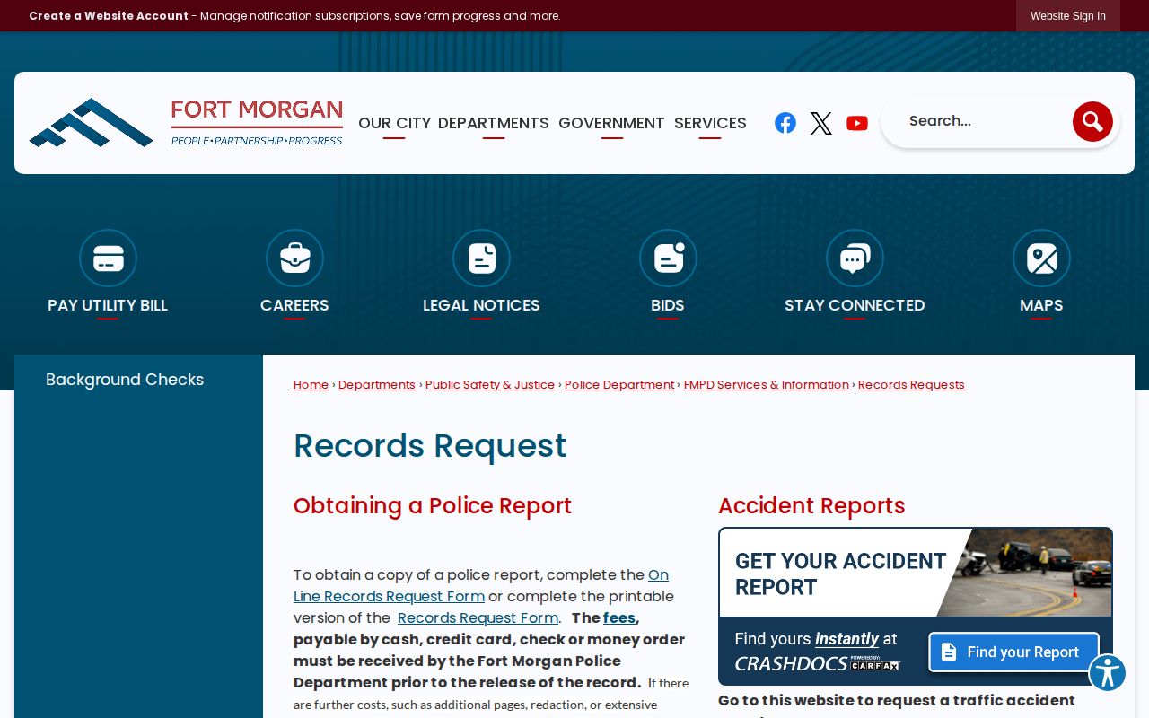 Fort Morgan Police Department arrest records request instructions for Morgan County